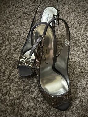 Lulu Townsend Brown Sequin Peep-Toe Slingback Heels